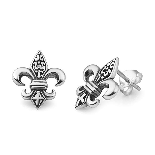 925 Oxidized Sterling Silver Filigree Fleur De Lis Symbol Small Post Stud Unisex Earrings 15 mm