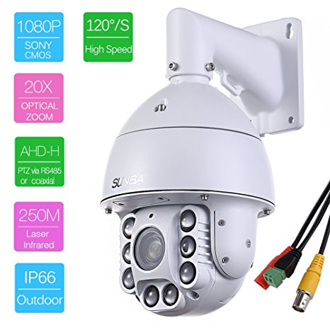 SUNBA 1080P Analog-HD, 2.0 Megapixel, 20X Optical Zoom, IR-Cut Motion Detection w/ IR Distance 250m, Outdoor Waterproof, 120°/s High Speed PTZ Security Dome Camera (805-AHD 20X)