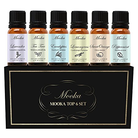 Essential Oils by Mooka, Top 6 100% Pure Therapeutic Grade Aromatherapy Essential Oil Set & Kit (Lavender, Tea Tree, Eucalyptus, Lemongrass, Sweet Orange, Peppermint)