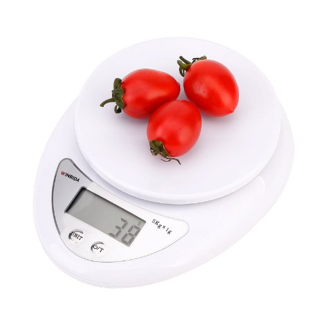 Winrida 11lb/5kg Digital Kitchen Food Scale,1g/0.01oz Resolution Calibration Supported LCD Display White