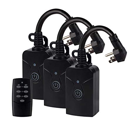 HBN Water Resistant Long Range Wireless Remote Control Electrical Outlet Switch (Black), 1 Remote Control 3 Outlets,3 Grounded Outlets, Ideal for Decorative Lights, Home and Garden