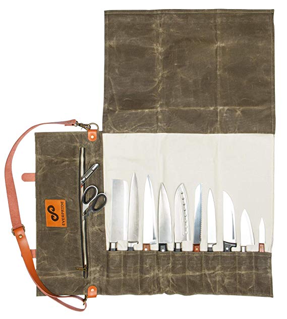 EVERPRIDE Chef Knife Roll Bag | Durable Waxed Canvas Knife Carrier Stores 10 Knives PLUS Zipper for Culinary Tools | Portable Chef Knife Case w/Handle & Shoulder Strap | Knives Not Included