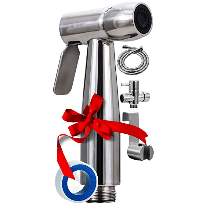 Premium Hand Bidet Sprayer Set - Diaper Shattaf Attachment - Personal Hygiene Shower Spray – 5" Hose - High Pressure/No Leaks - Stainless Steel Brushed Chrome Cleaner for Toilet by AVAbay