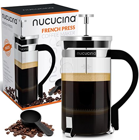 Nucucina French Press 34oz Premium Coffee and Tea Maker - New 1Liter Carafe With Measuring Level - Best Coffee Press For Home Or Office - Unique Double Mesh Filtration - Bonus Spoon And 2 More Filters