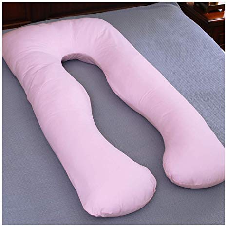 LunarTex U Shaped Pregnancy Pillow Maternity Body Pillow with Invisible Zipper Removable Cover, 100% Cotton Fabric, Pink, 56 X 32 Inch