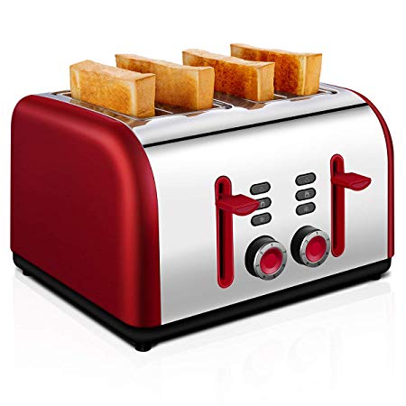 4 Slice Toaster, CUSIBOX Four Wide Slots Toaster Stainless Steel with 7 Bread Browning Settings, REHEAT/DEFROST/CANCEL Function, 1400W, Red