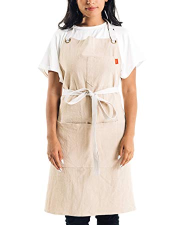Caldo Linen Kitchen Apron - Mens and Womens Linen Bib Apron - Adjustable with Pockets (Bone)