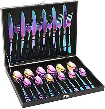 Lightahead 24pcs Rainbow colored Iridescent Stainless Steel Flatware Tableware Cutlery Set in attractive Black Gift Box (Multicolored)