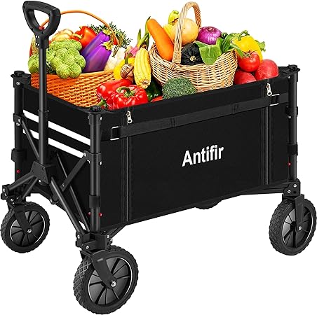 Collapsible Wagon with Large Capacity, Utility Wagons Carts Heavy Duty Foldable, Portable Folding Wagon with All-Terrain Wheels for Grocery Gardening Sports Shopping Fishing (Black)