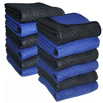 65-70 lbs/Dozen Supreme Moving Blankets - Ultra Thick Pro(Double Batting) - 72" x 80", 12 Pack, Black/Blue - Southern Wholesales