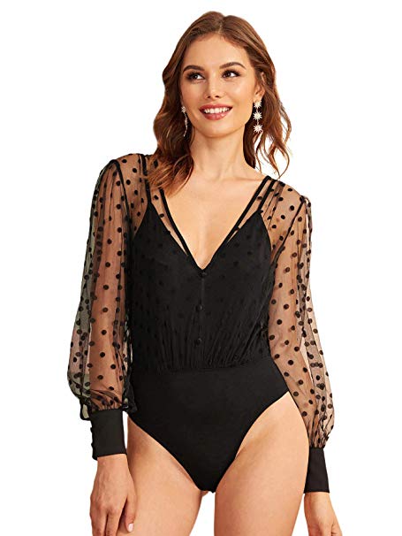 DIDK Women's Sheer Striped Mesh See Through Bodysuit