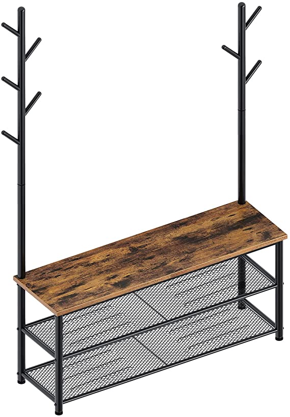 Rolanstar Shoe Bench with Coat Rack, 3-Tier Entryway Bench, 67.4” Coat Stand with Storage, Wood Seat and Mesh Shelves, Foyer Bench for Hallway Front Door, Doorway, Living Room, Mudroom, Rustic Brown