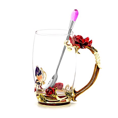 Daycindy Handmade Enamel Cup Glass Coffee Mug with Spoon Set (13oz, Rose Red)