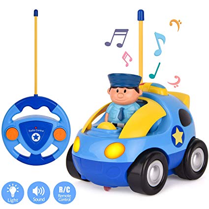 ROOYA BABY Remote Control Car Cartoon RC Police Car Toy with Siren Music Light for Toddler Boys Kids Children