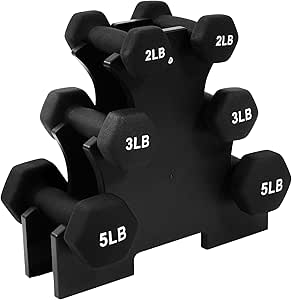 BalanceFrom Multi-Color or Black Neoprene Coated Hexagon Dumbbell Set with Stand, Multiple Sizes