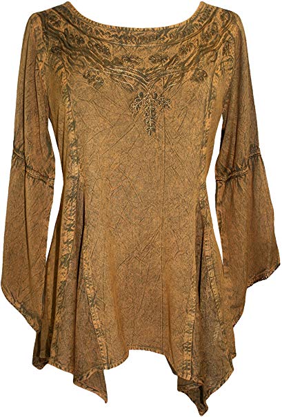 Agan Traders 303 NB Women's Bohemian Embroidered Round Neck Asymmetrical Hem Blouse Tunic Top