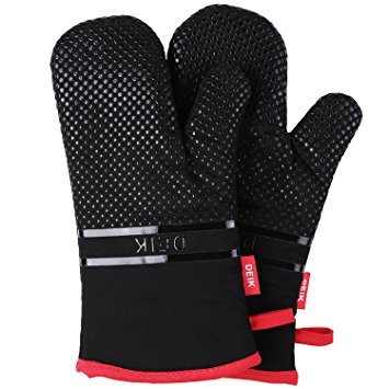 DEIK Oven Mitts, Heat Resistant Oven Gloves, Extra Long Silicon Oven Mitts, Non-Slip Baking Mitts for Cooking, Baking, BBQ, Camping, Black Potholders, 1 Pair