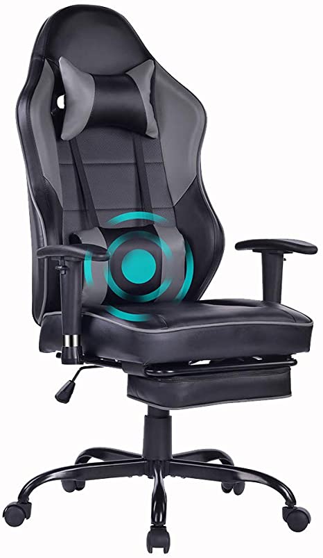 Blue Whale Massage Gaming Chair - High Back Racing PC Computer Desk Office Chair Swivel Ergonomic Executive Leather Chair with Footrest and Adjustable Armrests