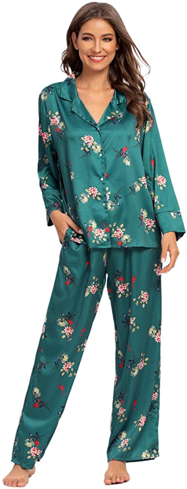 MINTLIMIT Ladies Pyjamas Set Satin Long Sleeve & Long Bottom Sleepwear Comfy Soft Button Down Pjs Loungewear Nightwear for Women Girls