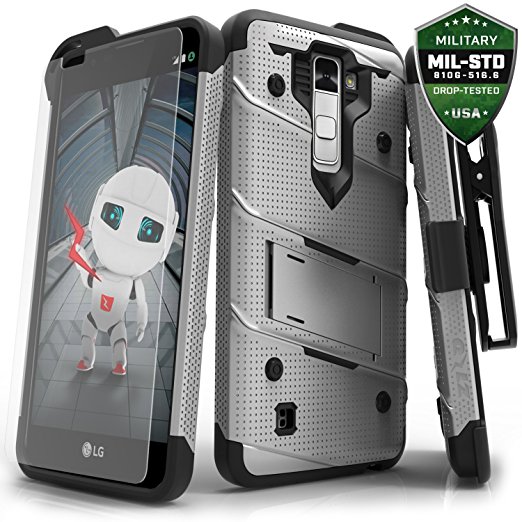 LG K10 Case, Zizo® Bolt Cover with FREE [.33mm 9H Tempered Glass Screen Protector] Included [Military Grade] Armor Case Kickstand Holster Belt Cli