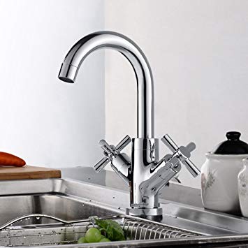 Kitchen Sink Mixer Taps Monobloc Swivel Spout Twin Lever Cross Knobs Chrome Bathroom Basin Faucet 10 Years Quality Warranty