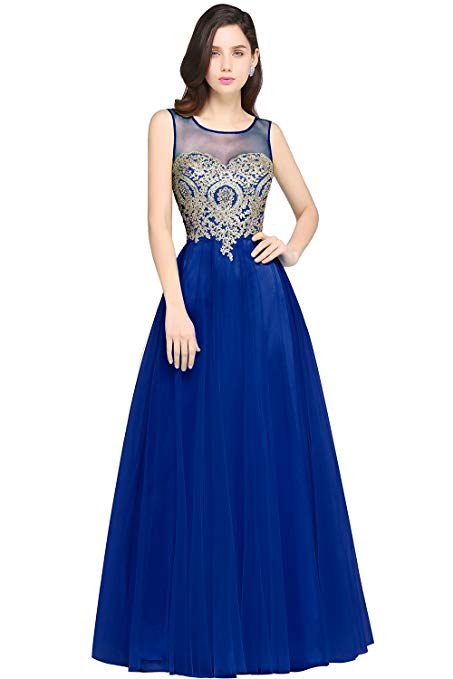 Babyonline Blue Long Prom Lace Dresses Evening Gowns with Sequins