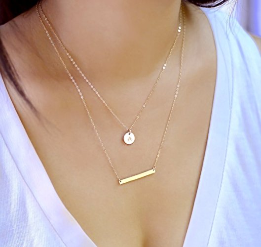 Bar and Small Disc Layering Necklaces, 14K Gold fill, Sterling Silver or Rose Gold filled