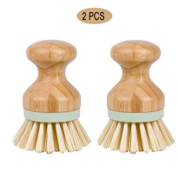 2PCS Bamboo Round Mini Palm Scrub Brush, Natural Bamboo Stiff Bristles Wet Cleaning Scrubber - Wash Cast Iron Pots, Pans, Vegetables - for Kitchen Sink, Bathroom, Household Cleaning