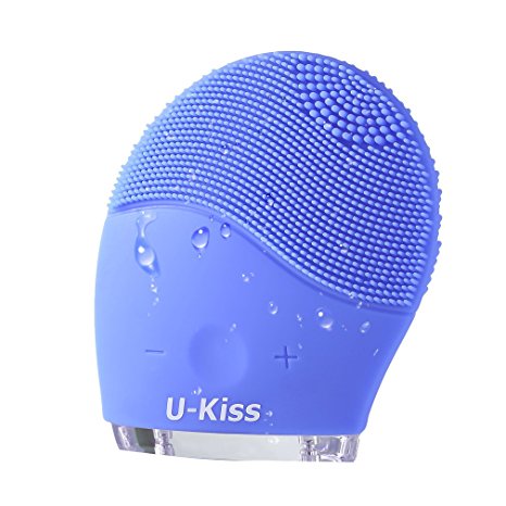 U-Kiss Face Cleanser Facial Cleansing Brush Silicone Face Brush Waterproof Rechargeable Portable Sonic Safe Skin-friendly Vibrating Face Cleanser and Massager Brush With USB Charging (Blue)