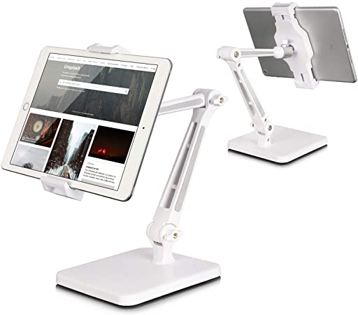 Tablet Stand and Holder Adjustable, Tablet Stand for Desk, Foldable iPad Holder Stand 360° Swivel Angle Rotation for iPad Pro 12.9, Surface Pro (4.7''-12.9'') (longwhite)