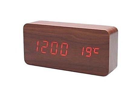 Life-Tandy Red LED Brown Wood Color Cuboid Digital Clock Alarm Thermometer Temperature Function Clap on Sound Control Clock
