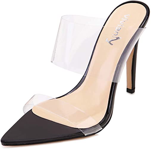 vivianly Clear Pointed Toe Sandals Stiletto Heels Transparent Strap High Heels Slip on Mules for Women