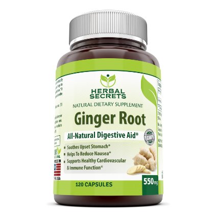 Herbal Secrets Ginger Root Supplement - 550 mg Capsules - Easy to Swallow Capsule - Helps to Relieve From Symptoms of Nausea and Upset Stomach  An All Natural Digestive Aid  120 Capsules Per Bottle
