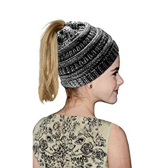 Hootech Winter Warm Knitted Ponytail Beanie Hat Messy High Bun Beanie Soft Stretch Cap