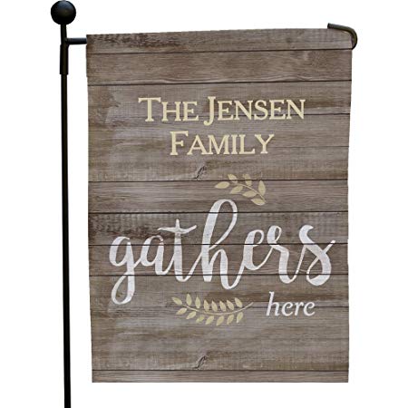 GiftsForYouNow Family Gathers Here Personalized Garden Flag, 12 1/2” w x 18” h