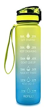 Maximum Slim Water Bottle with Time Marker, 32 oz/1000ml Motivational Water Bottle with Strainer, Reusable & BPA Free Tritan Water Bottle for Fun, Sports & Fitness (Yellow)