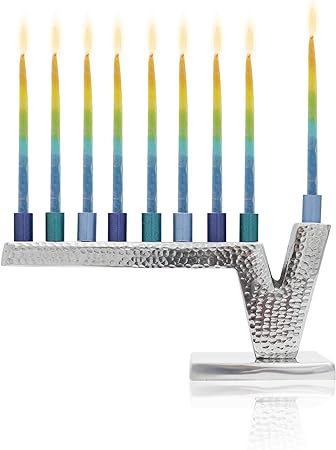 Majestic Giftware Aluminum Nickel-Plated Chanukah Candles Menorah - Gold/Blue Cups (MN11139-BL) Fits Standard Chanukah CandlesDurable & Long-Lasting QualityHanukkah Menorah - 4.5” High