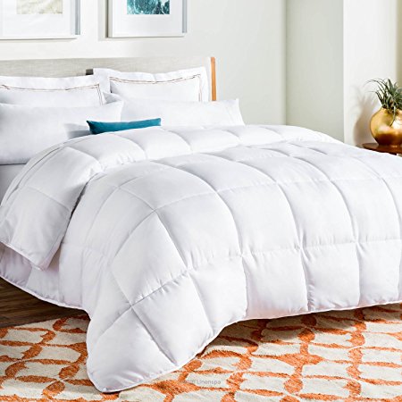 LinenSpa White Goose Down Alternative Quilted Comforter with Corner Duvet Tabs, Oversized Queen