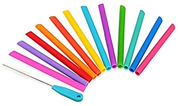 Housavvy Kids Reusable Silicone Straws Colorful 12 Pack with Cleaning Brush