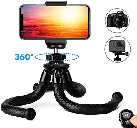 Phone Tripod, Portable and Adjustable Camera Stand Holder with Bluetooth Remote and Universal Clip for Any Smartphone, Cellphone, Phone, Android, Camera, GoPro (Black Sand, 12")