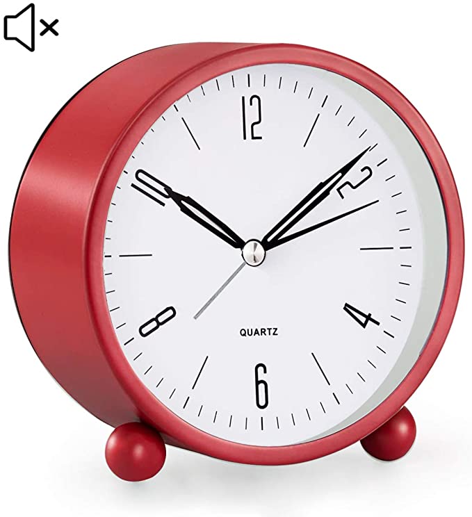 Analog Alarm Clock, 4 inch Super Silent Non Ticking Small Clock with Night Light, Battery Operated, Simply Design, for Bedroon, Bedside, Desk, (Red)