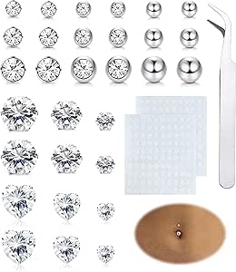 LOLIAS 𝟑𝟎-𝟑𝟓 𝐏𝐂𝐒 Fake Belly Piercing Cubic Zirconia Belly Button Rings Ear Lip Eyebrow Nose 𝐍𝐨𝐧 𝐏𝐢𝐞𝐫𝐜𝐢𝐧𝐠 Studs Fake Piercing Jewelry