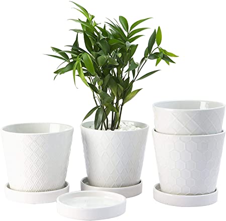 EFISPSS Flower Planter –5 inch Ceramic Plant Pots with Drainage Hole and Ceramic Tray - Gardening Home Desktop Office Windowsill Decoration Gift Set of 4 - Plants NOT Included