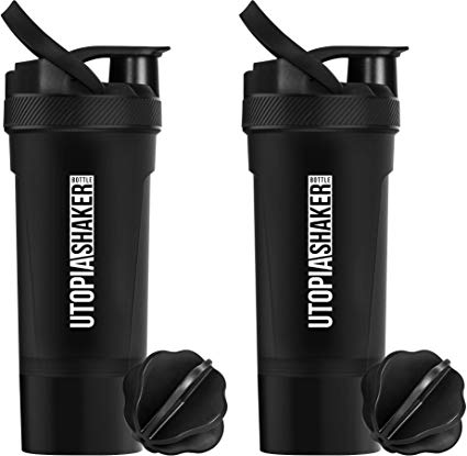 Utopia Home [2-Pack] Classic Protein Mixer Shaker Bottle with Twist and Lock Protein Box Storage (24-Oz, Black and Black)