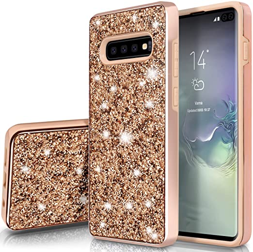 SQMCase Galaxy S10  Case, Heavy Duty Glitter 2 in 1 Rugged Hybrid Soft TPU Inner   Hard PC Outer with Crystal Shiny Diamond Protective Shockproof Case for Galaxy S10 / S10 Plus, Shiny/Champagne Gold