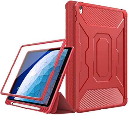 MoKo Case Fit New iPad Air (3rd Generation) 10.5" 2019/iPad Pro 10.5 2017, [Built-in Screen Protector] Full-Body Shockproof Smart Shell Trifold Stand Cover with Auto Sleep/Wake & Pencil Holder - Red