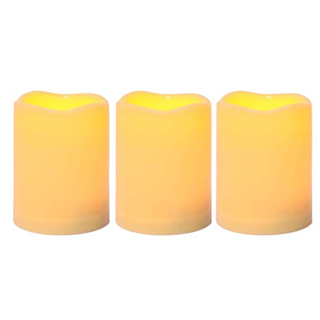 3 Waterproof Outdoor Battery Operated Flameless LED Pillar Candle with Timer Flickering Plastic Resin Electric Decorative Light for Lantern Patio Garden Home Decor Party Wedding Decorations 3x4 Inches