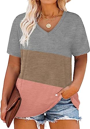 DOLNINE Plus-Size Tops for Women V Neck T Shirts Summer Tunics with Pocket