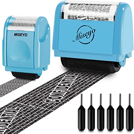 Miseyo Wide Identity Theft Protection Roller Stamp with Mini Confidential Roller Stamps Easy for Data Barcode ID Privacy,Guard Personal Information Blockout - Blue (6 Refill Ink Included)