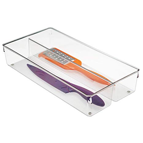 iDesign Cutlery Tray for Drawer, Large Plastic Kitchen Drawer Insert with 2 Compartments, Practical Drawer Organiser for Kitchen Accessories, Utensils and Cutlery, Clear